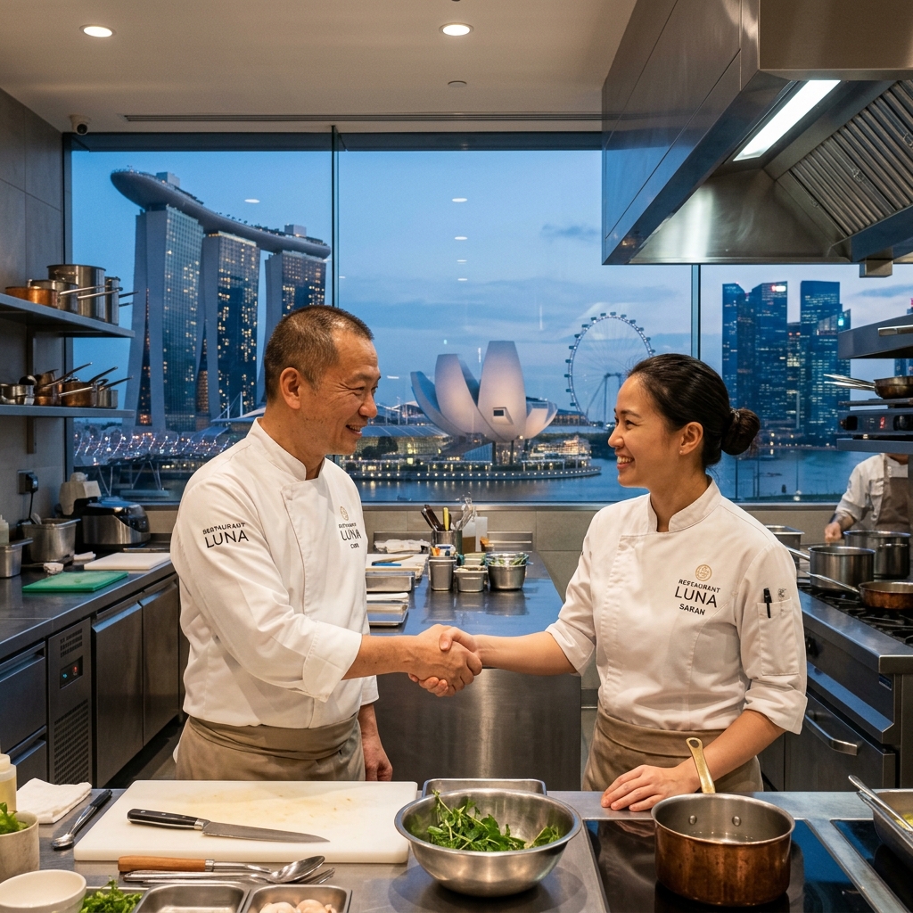 Chefs shaking hands in kitchen